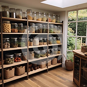 Pantry with neat and organized shelves, showcasing cooking essentials