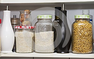 Pantry with storage jars pasta rice jasmine