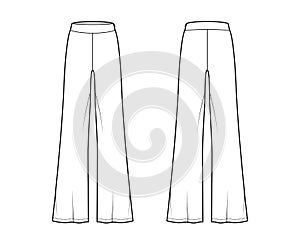 Pants boot cut technical fashion illustration with floor length, oversize silhouette, side zipper. Flat sport pyjama