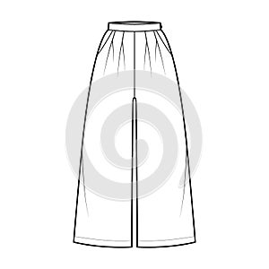 Pants culotte palazzo technical fashion illustration with normal waist, high rise, double pleats, calf length, wide legs photo