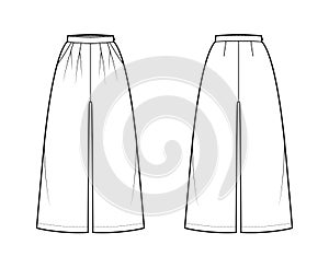 Pants culotte palazzo technical fashion illustration with normal waist, high rise, double pleats, calf length, wide legs photo