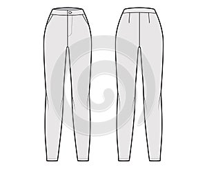 Pants flat front technical fashion illustration with normal waist, high rise, full length, slant slashed pockets. Flat