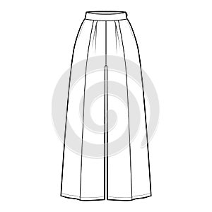 Pants gaucho technical fashion illustration with low normal waist, high rise, single pleat, cropped length, seam pockets
