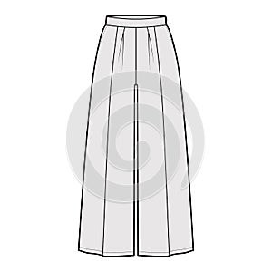 Pants gaucho technical fashion illustration with low waist, rise, single pleat, ankle cropped length, seam pockets.
