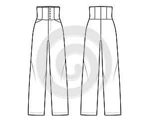 Pants high-waisted technical fashion illustration with full length, pockets, bottom closure, round pockets. Flat trouser photo