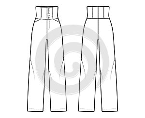 Pants high-waisted technical fashion illustration with full length, pockets, bottom closure, round pockets. Flat trouser