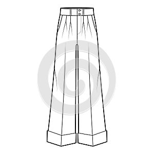 Pants oxford tailored technical fashion illustration with low waist, full length, double pleat, slant jetted pockets