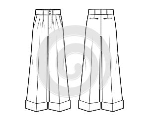 Pants oxford tailored technical fashion illustration with low waist, full length, double pleat, slant jetted pockets photo