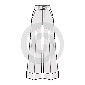 Pants oxford tailored technical fashion illustration with normal waist, high rise, full length, slant jetted pockets
