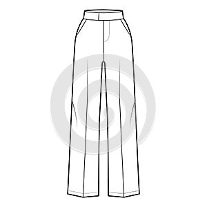 Pants tailored technical fashion illustration with extended normal waist, high rise, full length, slant slashed pockets