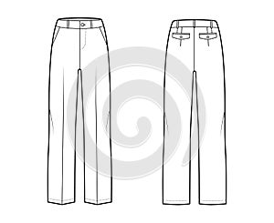 Pants tailored technical fashion illustration with low waist, rise, full length, slant slashed pockets, belt loops. Flat