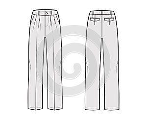 Pants tailored technical fashion illustration with low waist, rise, slant slashed flap pockets, double pleat, belt loops