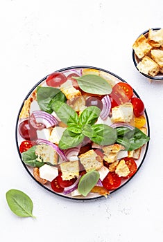 Panzanella italian vegetable salad with stale bread, colorful tomatoes, mozzarella cheese, onion, olive oil, salt and green basil