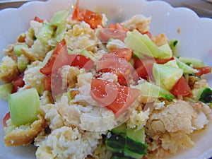 Panzanella salad in a bowl, close-up. Italian Cuisine.