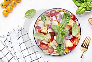 Panzanella vegetable salad with stale bread, colorful tomatoes, soft cheese, red onion, olive oil, salt and green basil, white