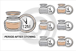 Pao, period after opening icon set. Product shelf life. Cosmetic jar of cream. Useful  lifetime. Expiration date. Vector