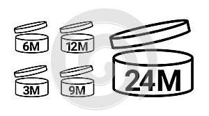 Pao symbol logo cosmetic life. 12 Months 3, 6, 9 expiry open shelf jar expiration pao month icon.