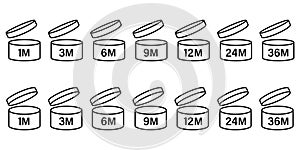 Pao symbol shelf life vector icon. cosmetic open period use logo. 3, 6, 12, 24, 36, 3m, 6m, 12m, 24m, 36m month best before