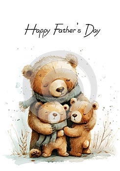 Papa bear with children and the inscription "Happy Father's Day" on a white background, vector illustration