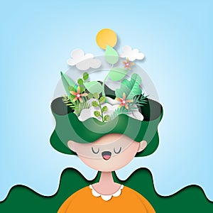 Papaer art of nature concept with woman thinking the green plant