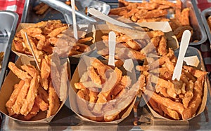 Sweet potato chips, batatas. Asia Street Food Market.