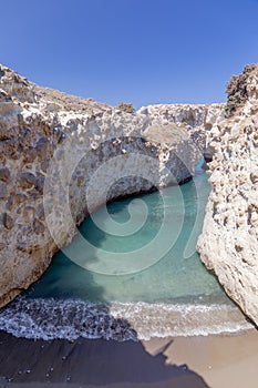 Papafragas cove and beach in Milos island, Cyclades, Greece.