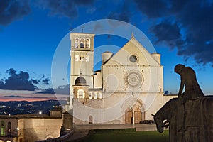 The Papal Basilica of St. Francis of Assisi after sunset