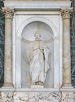 Saint Peter statue in the porch of the Basilica of Saint Paul Outside the Walls. Rome, Italy.