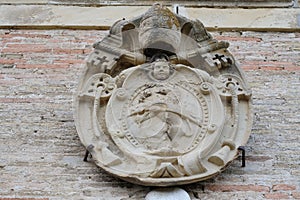 Papal coat of arms of Sisto V, Church of Santa Lucia, Grottammare, Marche region, Italy