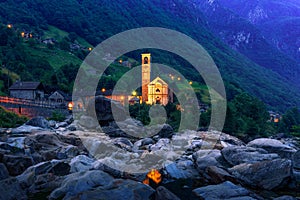 Papal minor Basilica in Lavertezzo village at night, Switzerland