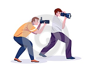 Paparazzi. Cartoon photographers with professional cameras. Smile men take pictures. Hobby or journalist career. Shoot