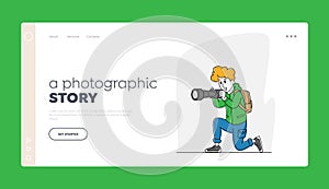 Paparazzi Character Landing Page Template. Female Photographer, Tourist with Backpack and Photo Camera Make Picture