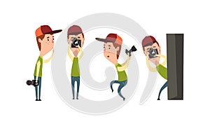 Paparazzi Holding Photo Camera and Photographing Set, Funny Photographer Cartoon Character Taking Photos Vector