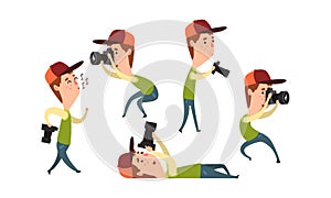 Paparazzi Photographing with Camera Set, Funny Photographer Cartoon Character Taking Photos Vector Illustration