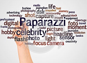 Paparazzi word cloud and hand with marker concept