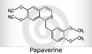 Papaverine molecule. It is opium alkaloid antispasmodic drug. Molecule model. Skeletal chemical formula