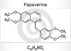 Papaverine molecule. It is opium alkaloid antispasmodic drug. Structural chemical formula