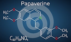 Papaverine molecule. It is opium alkaloid antispasmodic drug. Structural chemical formula on the dark blue background