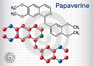 Papaverine molecule. It is opium alkaloid antispasmodic drug. Structural chemical formula and molecule model. Sheet of paper in a photo
