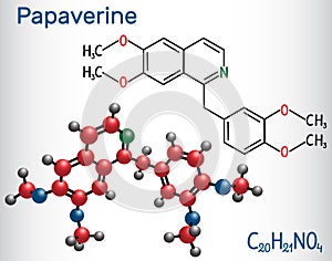 Papaverine molecule. It is opium alkaloid antispasmodic drug. Structural chemical formula and molecule model photo