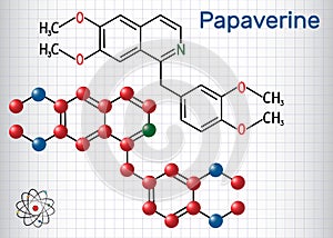 Papaverine molecule. It is opium alkaloid antispasmodic drug. Structural chemical formula and molecule model. Sheet of paper in a