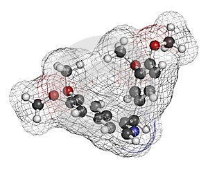 Papaverine opium alkaloid molecule. Used as antispasmodic drug. 3D rendering. Atoms are represented as spheres with conventional