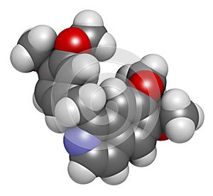 Papaverine opium alkaloid molecule. Used as antispasmodic drug. 3D rendering. Atoms are represented as spheres with conventional photo