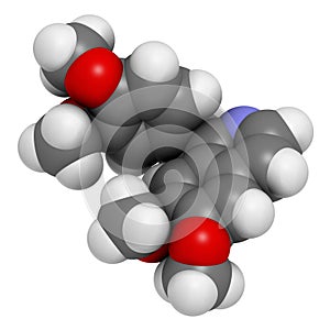 Papaverine opium alkaloid molecule. Used as antispasmodic drug. 3D rendering. Atoms are represented as spheres with conventional