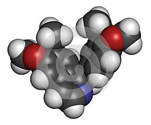 Papaverine opium alkaloid molecule. Used as antispasmodic drug. 3D rendering. Atoms are represented as spheres with conventional photo