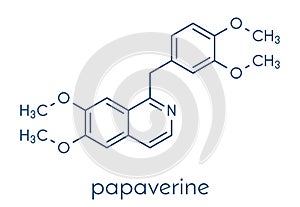 Papaverine opium alkaloid molecule. Used as antispasmodic drug. Skeletal formula.