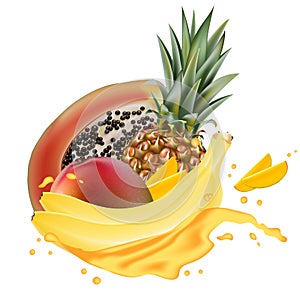 Papaya, banana, pineapple, mango juice splash realistic 3d vector