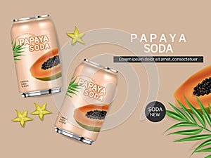 Papaya canned juice drink vector realistic. Product placement package fresh natural juice mock up. Label packaging