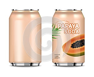 Papaya canned juice isolated vector realistic. Product placement package fresh natural juice. Label packaging designs