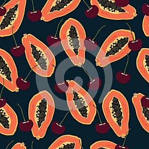 Papaya and cherry fruit vector seamless pattern background.